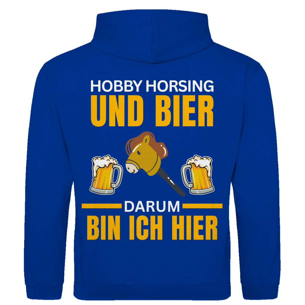 Hobbyhorsing und Bier – darum bin ich hier – lustiger Hoodie (Backprint)