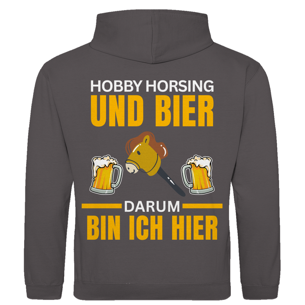 Hobbyhorsing und Bier – darum bin ich hier – lustiger Hoodie (Backprint)